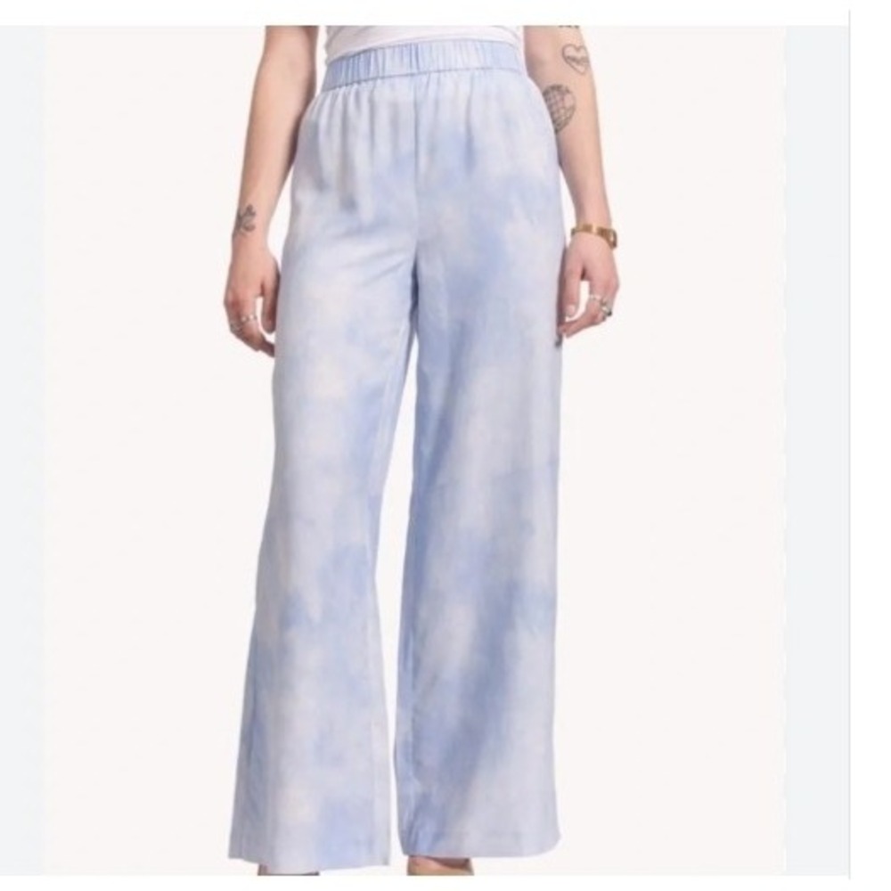 Naadam 100% Washed Silk Wide Leg Pants Blue/White Sz M NWOT Classic Comfort